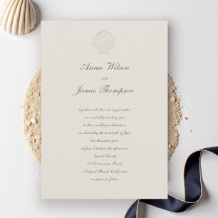 Coastal Nautical Shell Classic Script Ecru Wedding Invitation