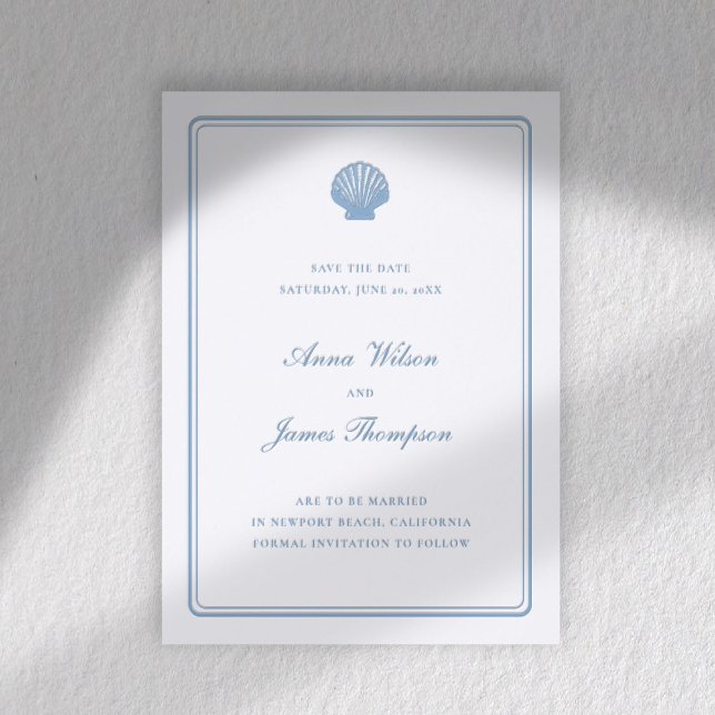 Coastal Nautical Shell Classic Wedding Save Date Letterpress Photo Cards (coastal wedding save the date letterpress formal traditional modern classic white blue shell)