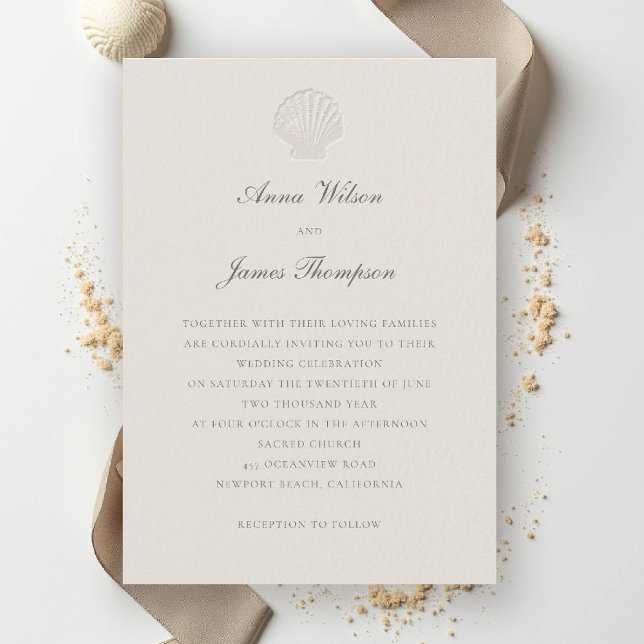 Coastal Nautical Shell Formal Classic Ecru Wedding Invitation (nautical coastal wedding invitation modern classic formal traditional elegant shell ecru)