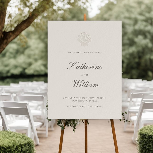 Coastal Nautical Shell Formal Ecru Wedding Welcome Foam Board (nautical wedding welcome coastal modern classic formal traditional elegant shell ecru)