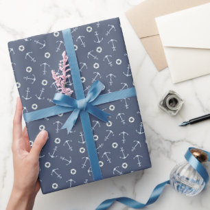 Coastal Nautical Small Anchors Tossed on Navy Blue Wrapping Paper