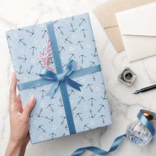 Coastal Nautical Small Anchors Tossed on Soft Blue Wrapping Paper