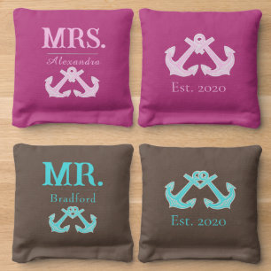 Coastal Nautical Teal Blue Pink Anchor Mrs. Mr. Cornhole Bags
