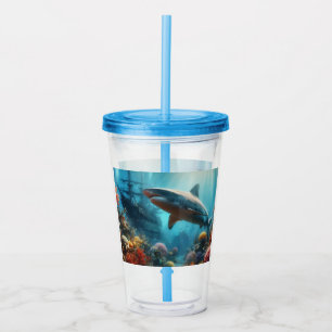 Coastal/nautical tiger shark & coral reef acrylic tumbler