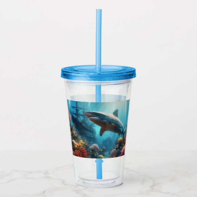 Coastal/nautical tiger shark & coral reef acrylic tumbler (Front)
