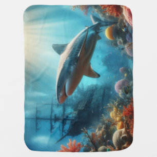 Coastal/nautical tiger shark & coral reef baby blanket