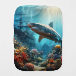 Coastal/nautical tiger shark & coral reef baby burp cloth
