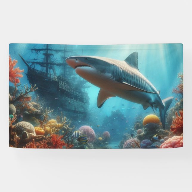 Coastal/nautical tiger shark & coral reef banner (Horizontal)