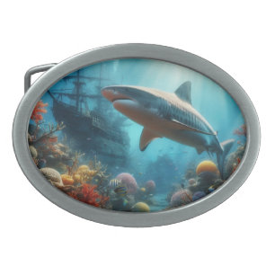 Coastal/nautical tiger shark & coral reef belt buckle