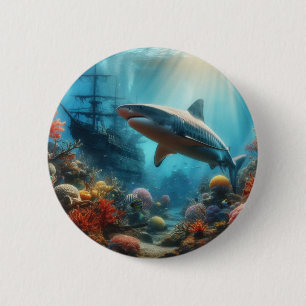Coastal/nautical tiger shark & coral reef button