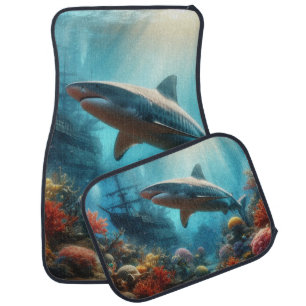Coastal/nautical tiger shark & coral reef car floor mat