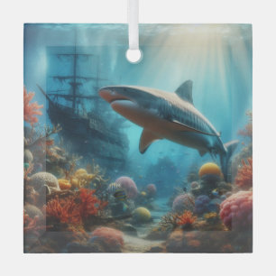 Coastal/nautical tiger shark & coral reef glass ornament