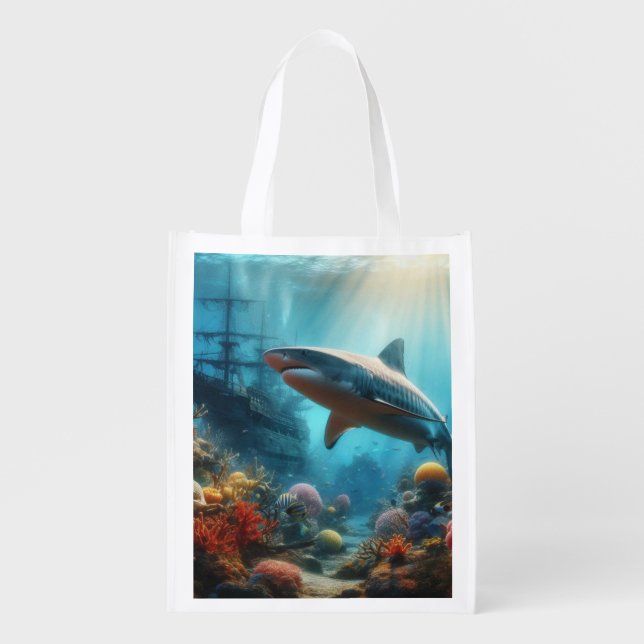 Coastal/nautical tiger shark & coral reef grocery bag (Front)