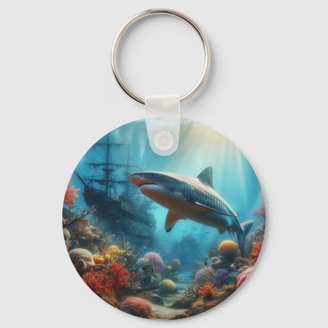 Coastal/nautical tiger shark & coral reef keychain (Front)