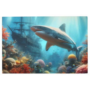 Coastal/nautical tiger shark & coral reef metal print