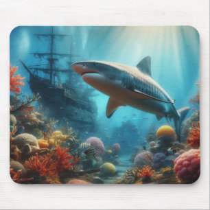 Coastal/nautical tiger shark & coral reef mouse pad