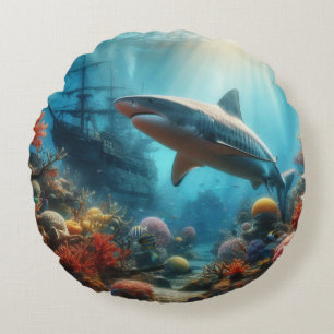 Coastal/nautical tiger shark & coral reef round pillow