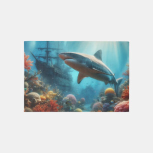 Coastal/nautical tiger shark & coral reef rug