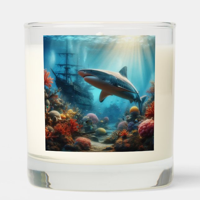 Coastal/nautical tiger shark & coral reef scented candle (Front)
