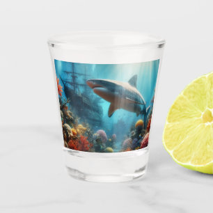 Coastal/nautical tiger shark & coral reef shot glass
