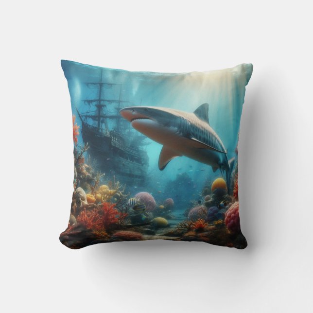 Coastal/nautical tiger shark & coral reef throw pillow (Front)