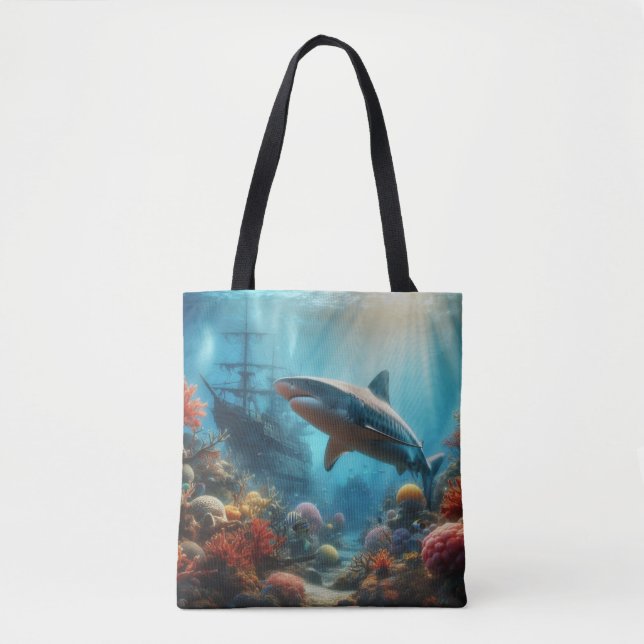 Coastal/nautical tiger shark & coral reef tote bag (Front)