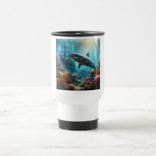 Coastal/nautical tiger shark & coral reef travel mug