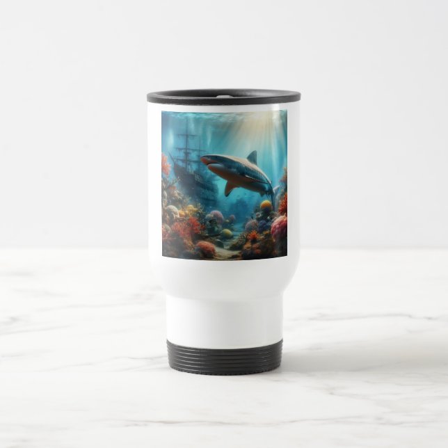 Coastal/nautical tiger shark & coral reef travel mug (Center)