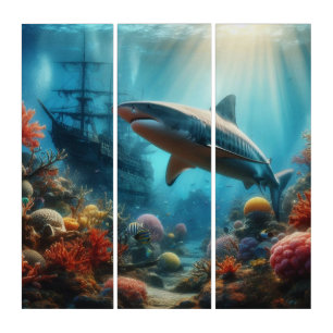 Coastal/nautical tiger shark & coral reef triptych
