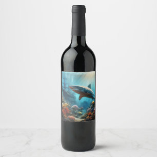 Coastal/nautical tiger shark & coral reef wine label