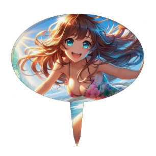 Coastal/Nautical/tropical anime surfer girl Cake Topper