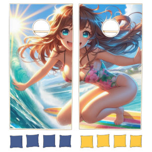 Coastal/Nautical/tropical anime surfer girl Cornhole Set