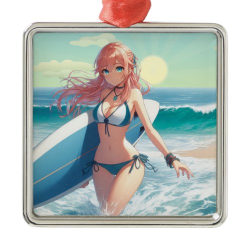 Coastal/Nautical/tropical anime surfer girl Metal Ornament