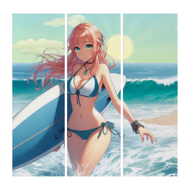 Coastal/Nautical/tropical anime surfer girl Triptych (Front)