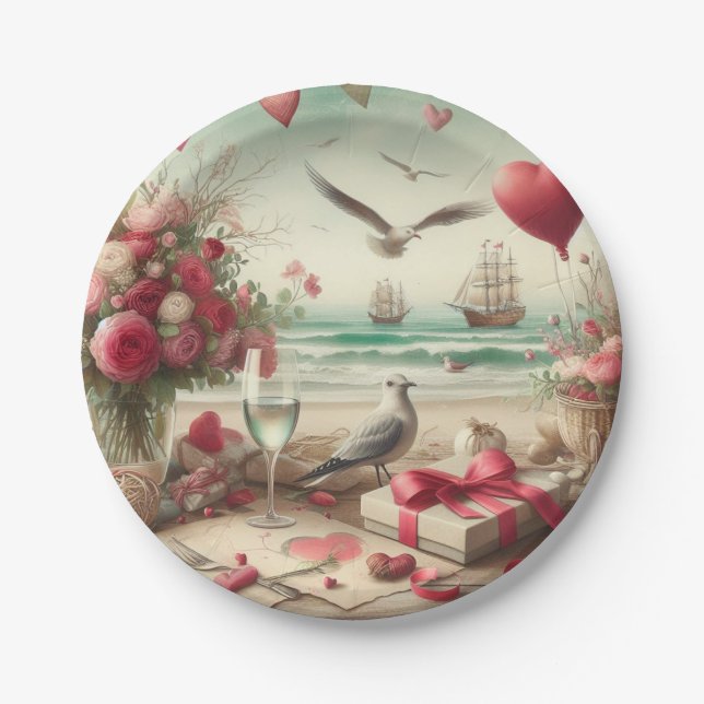 Coastal/Nautical Valentine's day  Paper Plates (Front)