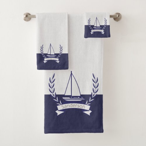 Coastal Nautical Weathered Summer Beach Navy White Bath Towel Set