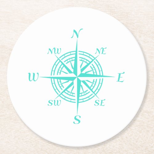 Coastal Nautical White Compass Rose Round Paper Coaster