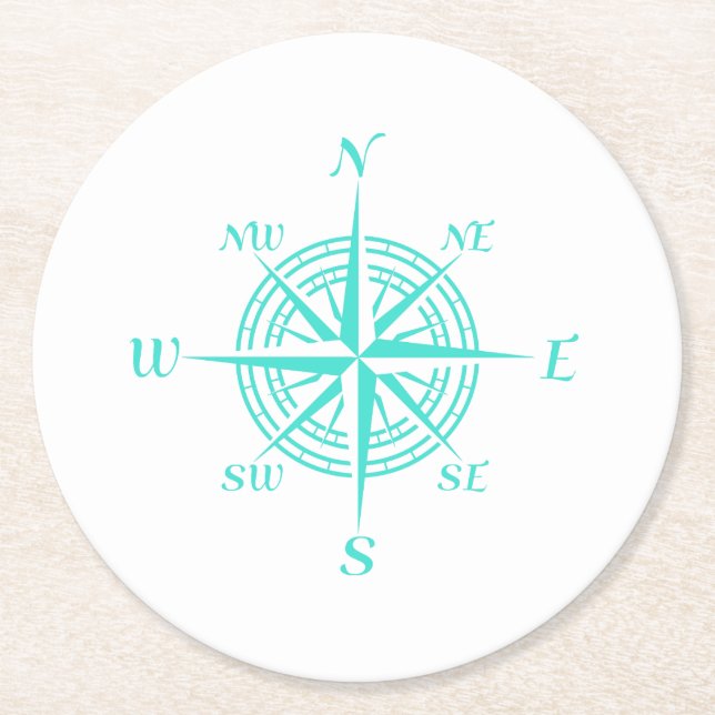Coastal Nautical White Compass Rose Round Paper Coaster (Front)
