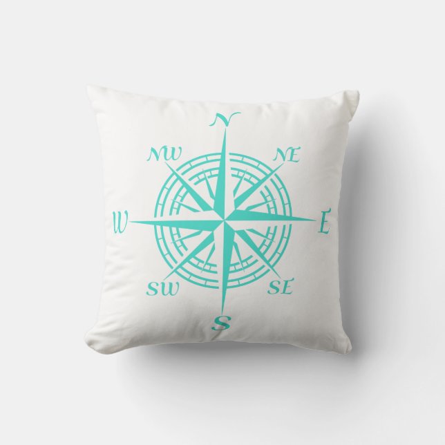 Coastal Nautical White Compass Rose Throw Pillow (Front)