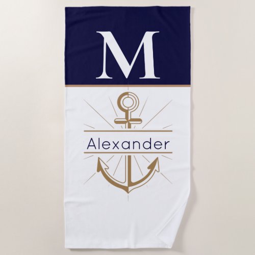 Coastal Navy Blue Anchor Nautical Monogram Name Beach Towel