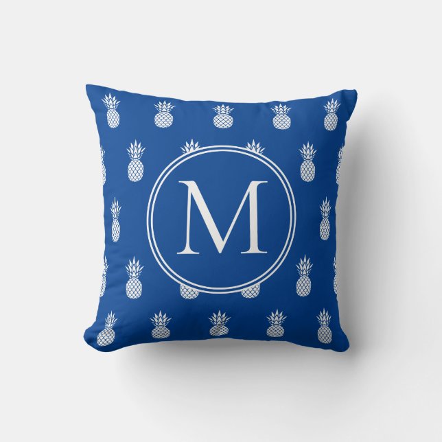 Coastal Navy Blue and White Pineapples Monogram Throw Pillow (Front)