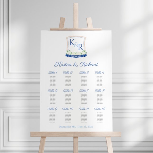 Coastal Navy Blue And White Wedding Seating Chart Foam Board (12 tables wedding seating chart featuring a nautical blue and white crest with ships rope detail)
