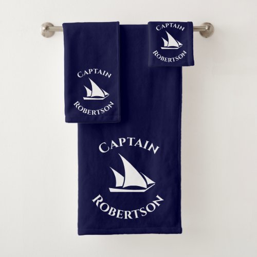  Coastal Navy Blue Captain Name Sailboat Nautical  Bath Towel Set