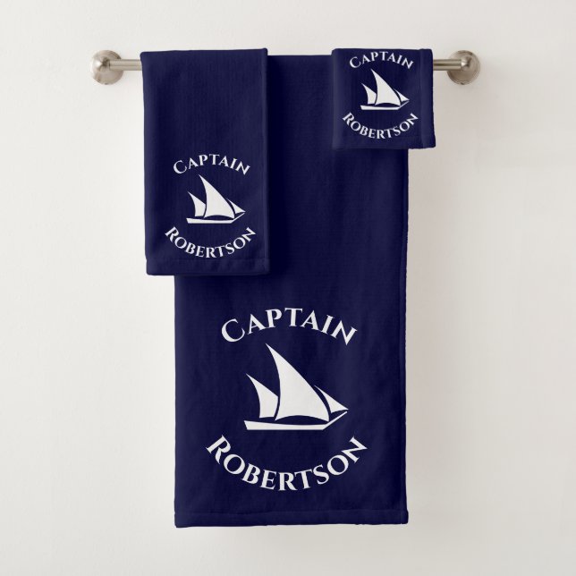  Coastal Navy Blue Captain Name Sailboat Nautical  Bath Towel Set (Insitu)