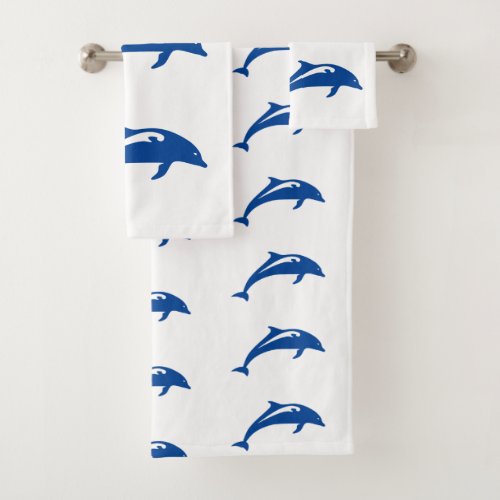 Coastal Navy Blue Dolphins on White Bath Towel Set