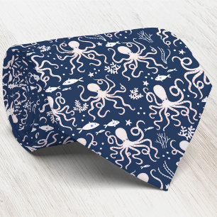 Coastal Navy Blue Nautical Undersea Octopus Neck Tie