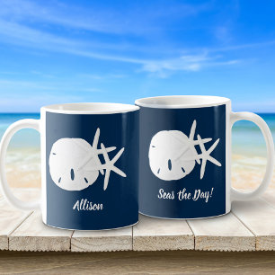 Coastal Navy Blue Seas the Day Personalized Coffee Mug