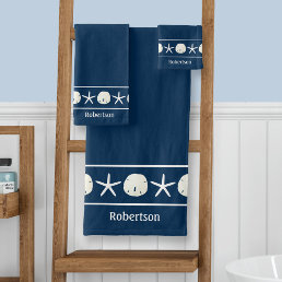 Coastal Navy Blue Starfish Sand Dollar Personalize Bath Towel Set