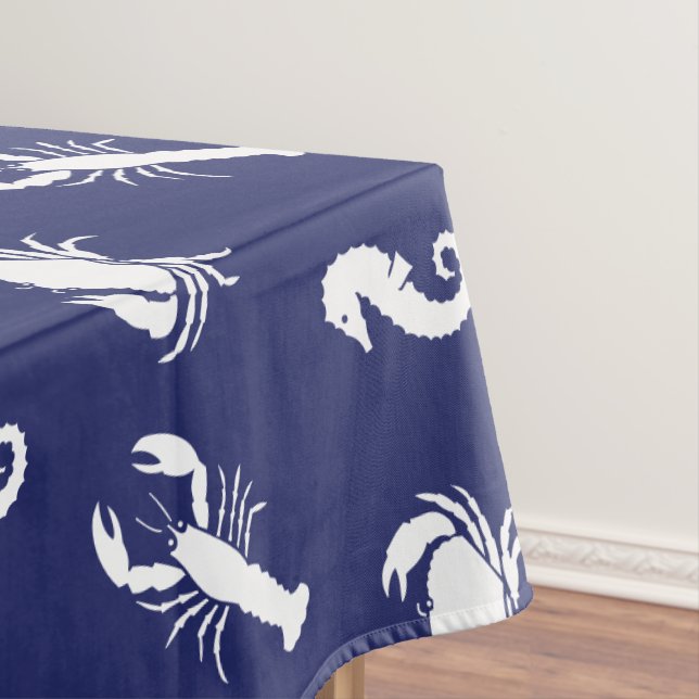 Coastal navy blue white lobster crab seahorse tablecloth (In Situ)
