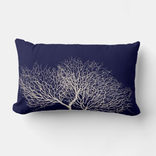 Coastal Navy Blue White Sea Coral Beach Lumbar Pillow